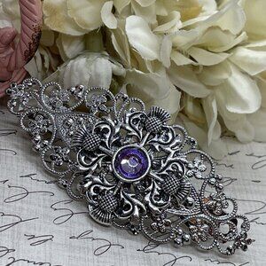 Festival Thistle Purple Scottish Irish Comb Hair Pin Hairpin Barrette Clip Slvr